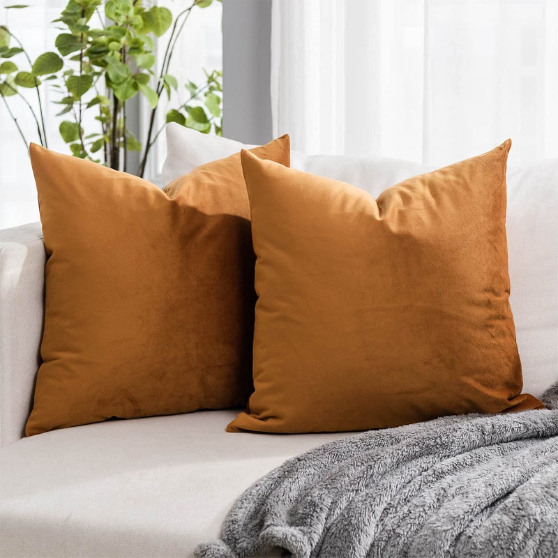 QUAFOO Burnt Orange Couch Velvet Throw Pillow Covers 22x22 inch Set of 2 with Zipper Decorative Luxury Soft Solid Rectangle Cushion Covers Case for Sofa Bed Living Room Car - Image 1